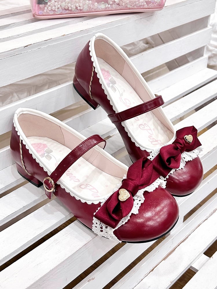 Romantic Heart Bow, Lace Trim & Scalloped Trim Details Red Low-heel Shoes in Classic Lolita