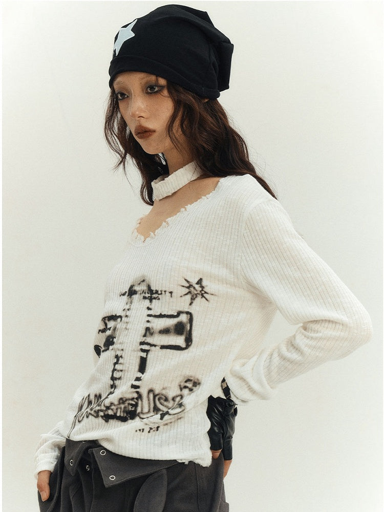 White Punk Cross V-neck Sweater with Choker