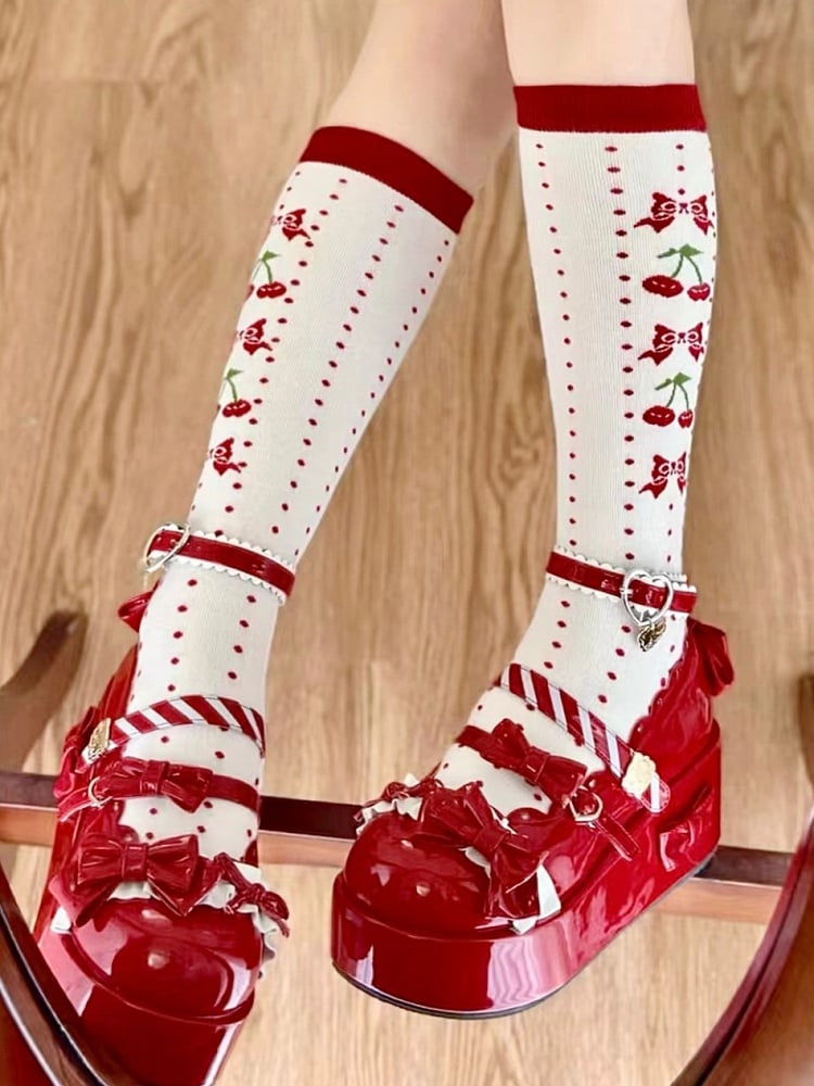 Red Cherry Print Polka-dot Pattern Lolita White Calf Socks