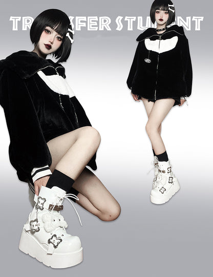 Buckle Straps Plush Bone Decorated Polished White Punk Platform Boots