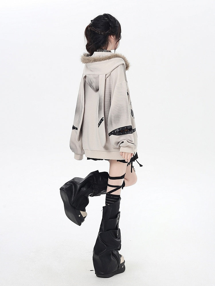 Khaki/Black Faux Fur Collar Loose Punk Coat with Lace-Up Detail