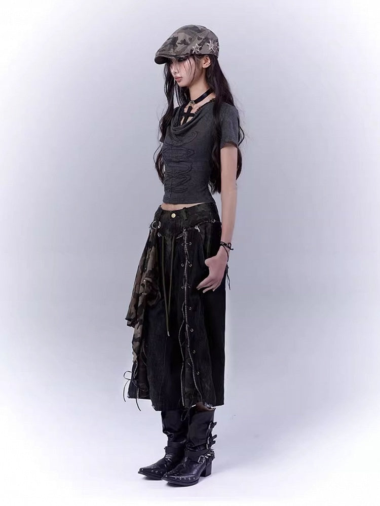 Camouflage Lace-up Front Punk Rock Distressed Straight-leg Jeans