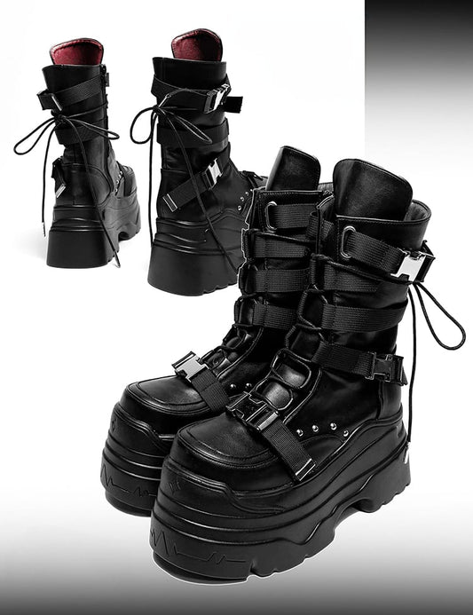 Matte Black Punk Stud Bandage Design Lace-up Details Platform Boots