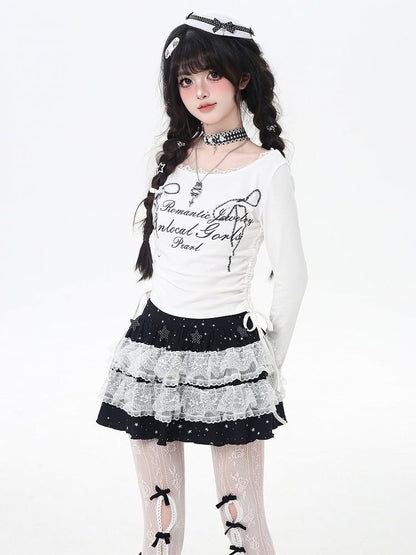 Sweet Bowknot Print Lace Trim Drawstring Waist White/Black Top