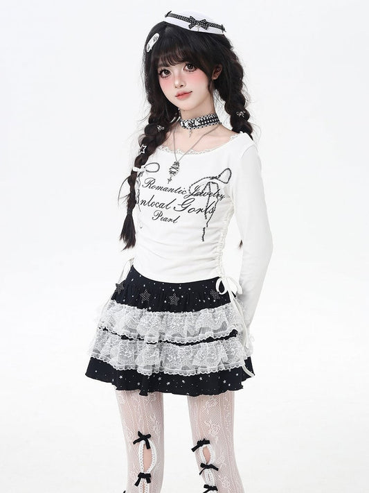 Sweet Bowknot Print Lace Trim Drawstring Waist White/Black Top