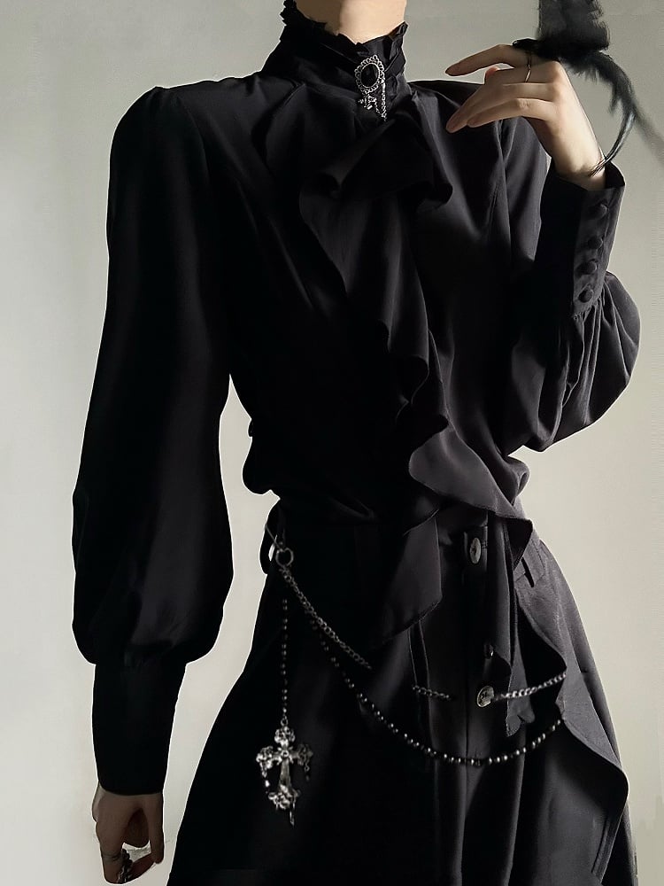 Ouji Lolita Vintage Black Bishop Sleeve Shirt with Cascading Ruffles & Detachable Obsidian Necklace