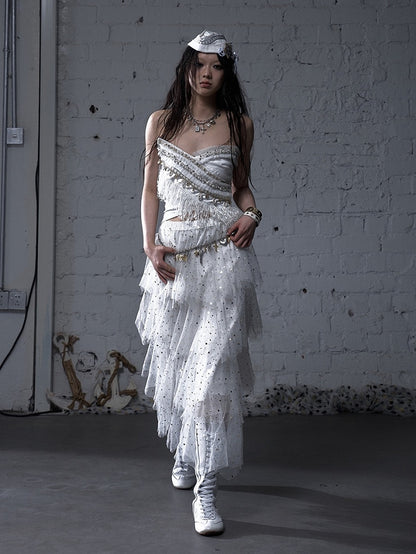 Baroque Bead Details Fringe Hem Black/White Crossover Design Strapless Top