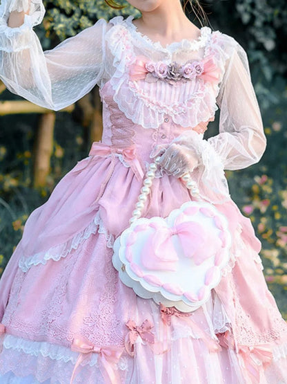 Lolita Heart-Shaped Pearl Handle Bag with Bow Detail & Adjustable Strap Two Colors Available