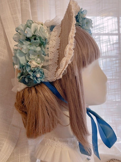 Light Blue Beaded And Bowknot Decorated Floral Design Lace Trim Bonnet