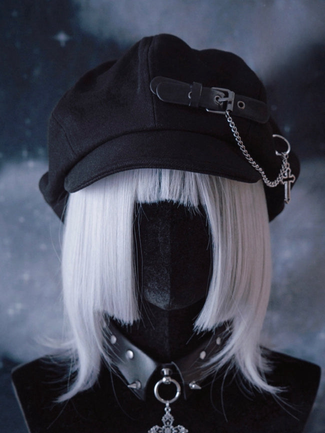 Handmade PU Buckle Black Gothic Beret with Cross Chain