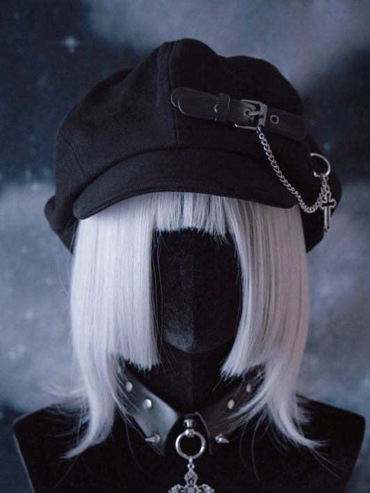 Handmade PU Buckle Black Gothic Beret with Cross Chain