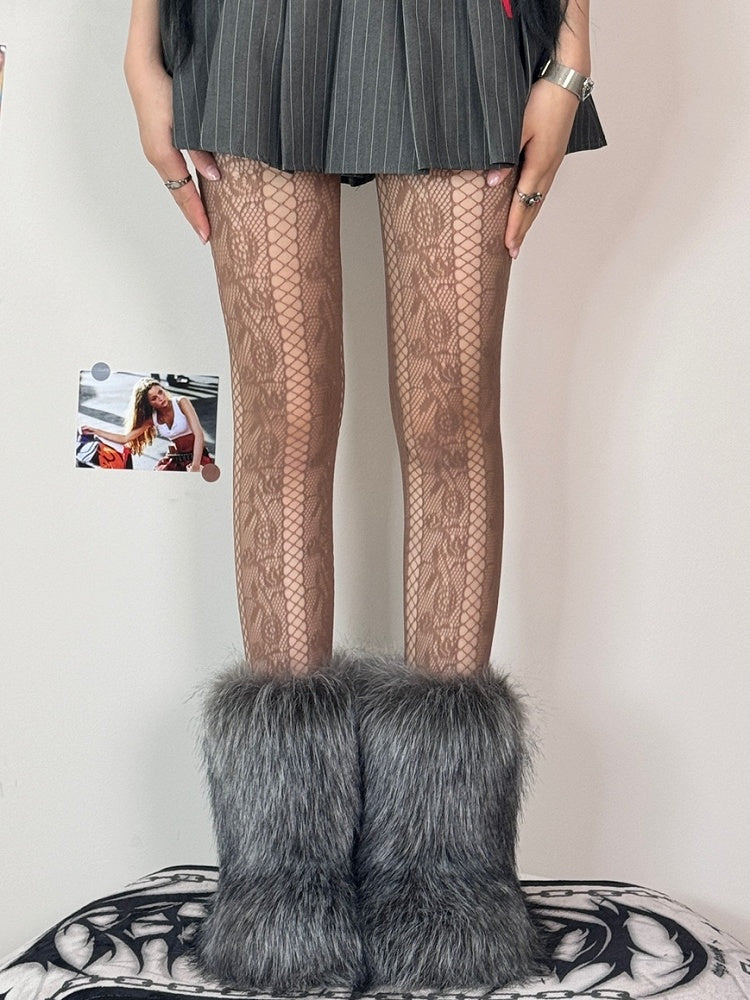 Black/White/Brown/Purple Y2K Cut-out Design Rosette Pattern Tights