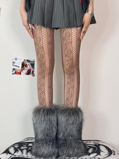 Black/White/Brown/Purple Y2K Cut-out Design Rosette Pattern Tights