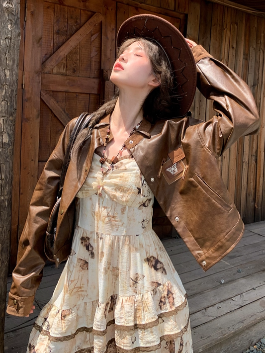 Brown Badge Appliques Vintage PU Jacket for Autumn