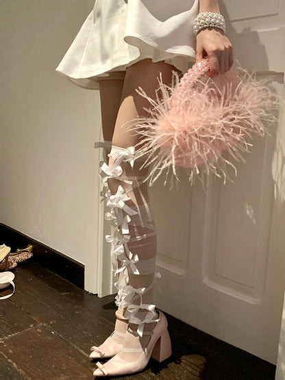 White/Black Crisscorss Banded Bowknot Details Over-knee Stockings