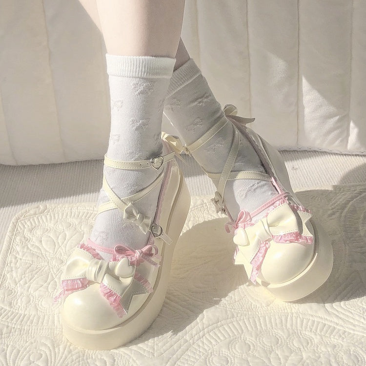 5CM Creamy White & Pink Bow at Top Crisscross Design Sweet Lolita Platforms