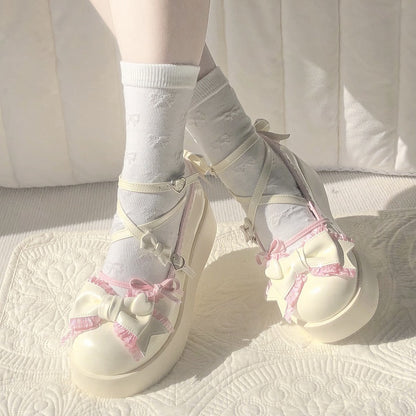 5CM Creamy White & Pink Bow at Top Crisscross Design Sweet Lolita Platforms