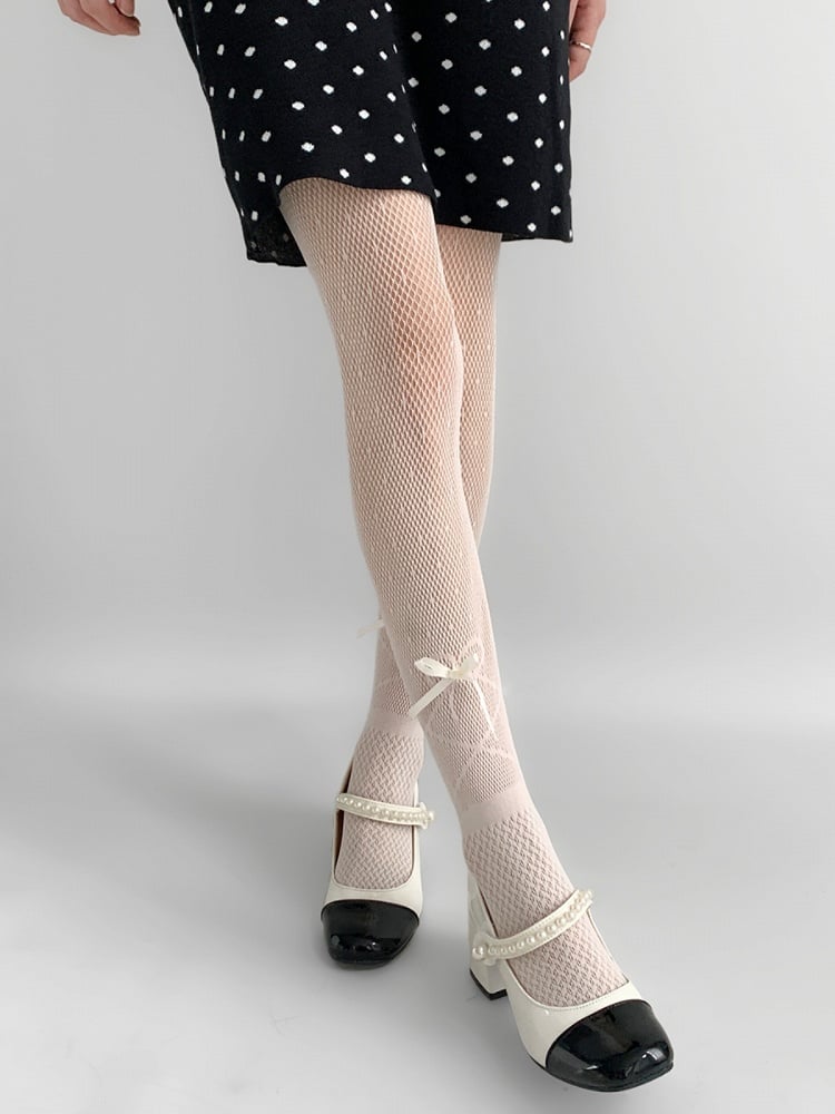 Bowknot Details Black/White Punk Fishnet Tights
