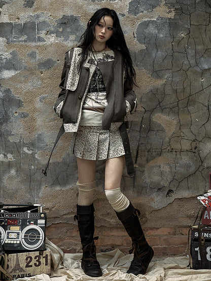 Brown and Gray Punk Streetwear Leopard Jacket with Detachable Sleeves