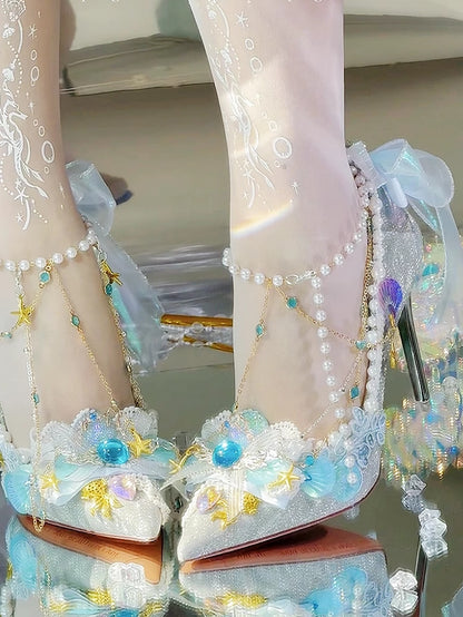 Silver Rhinestone And Beaded Decorated Conch Details Pointed Toe 7.5CM/10.5CM High Heels