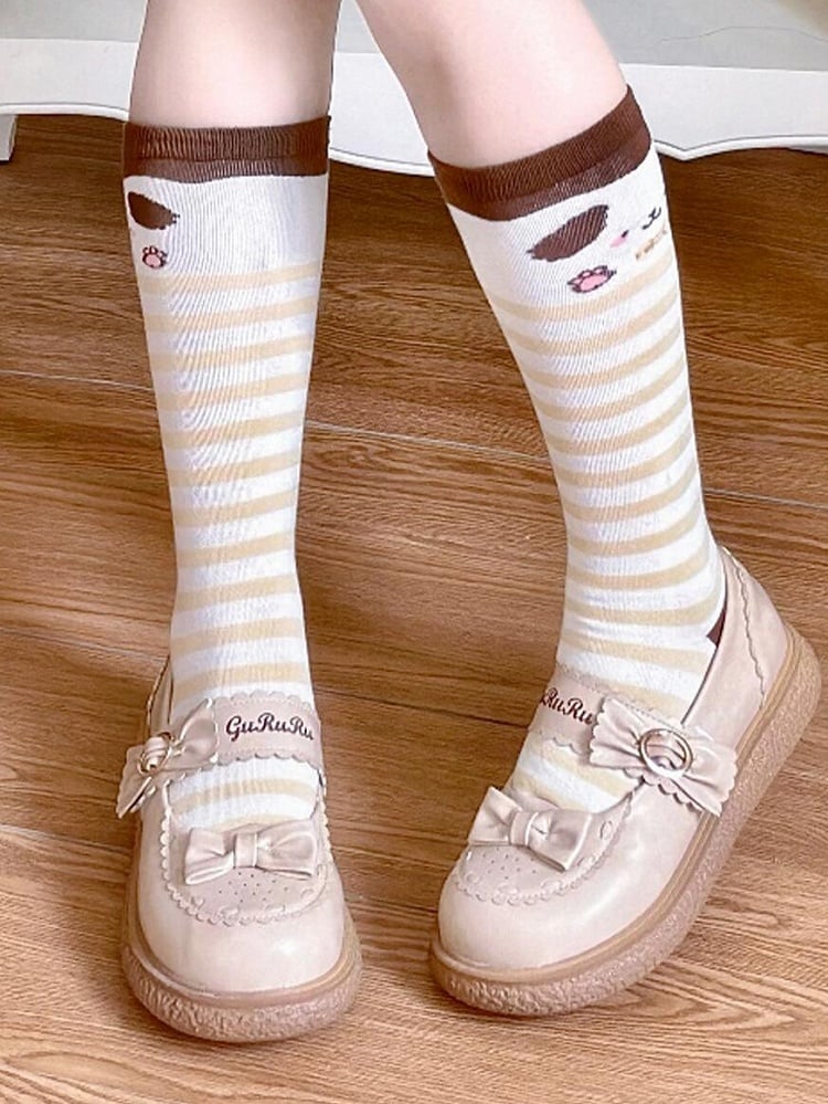 Coffee Puppy Print Striped Pattern Lolita Calf Socks