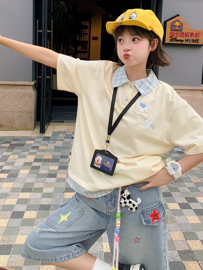 Blue Plaid Collar and Hem Puppy Embroidery Apricot Loose T-shirt