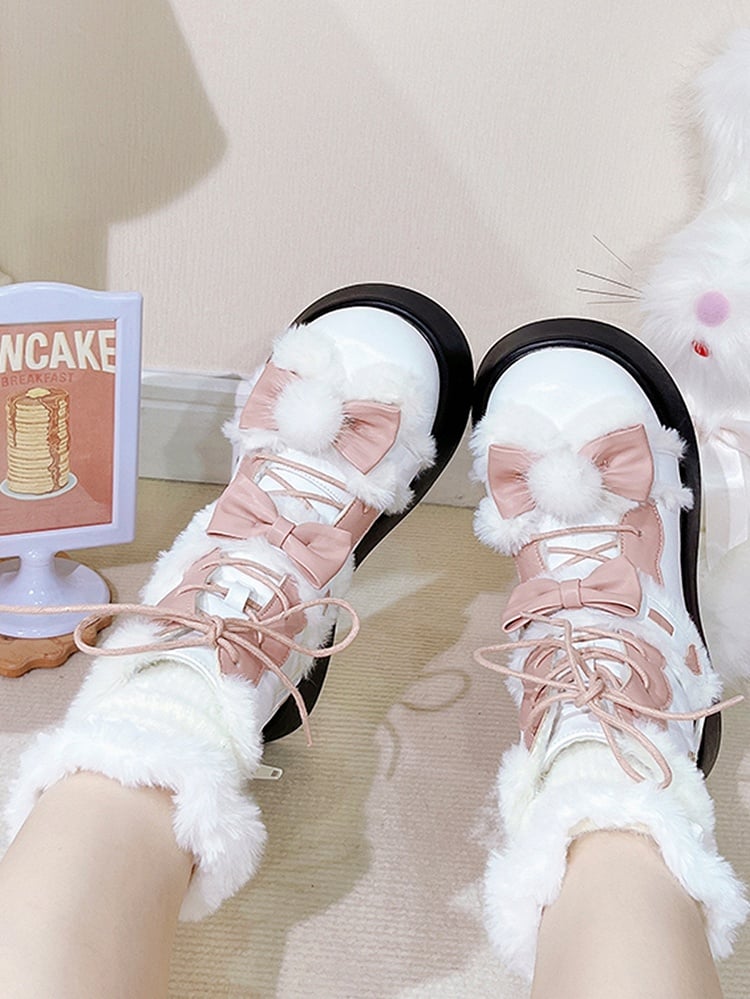 White Plush Bunny Ear Design Bow Accents Platform Fleece Ankle Boots
