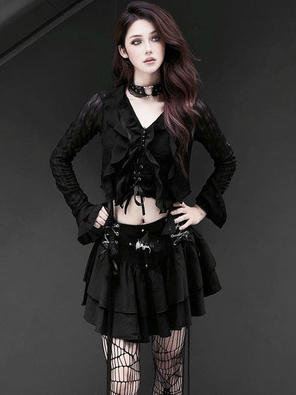 Punk Dragon Adorned Black Tiered Skirt Criss-cross Chain Design