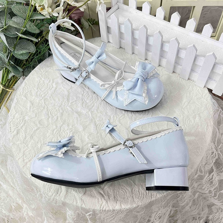 Blue Ruffle Trim Decorated Bow at Top 3.5CM Sweet Lolita Block Heel Mary Janes