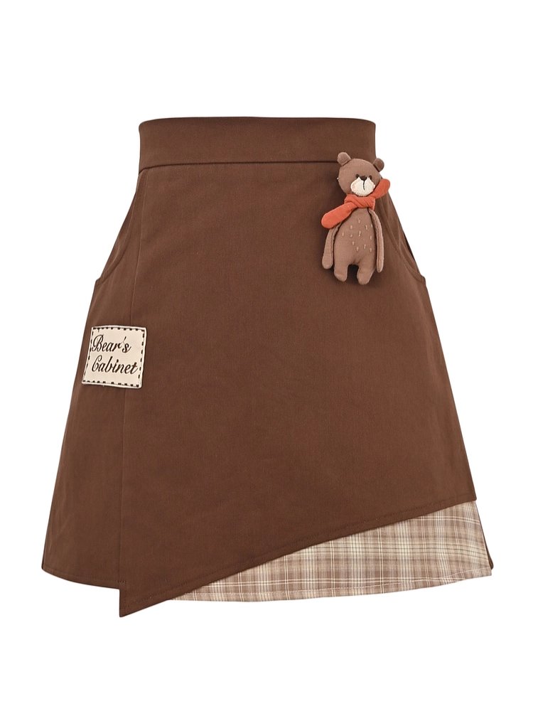 Letter Embroidery Applique Brown Plaid Hem Skirt with Bear Plushie