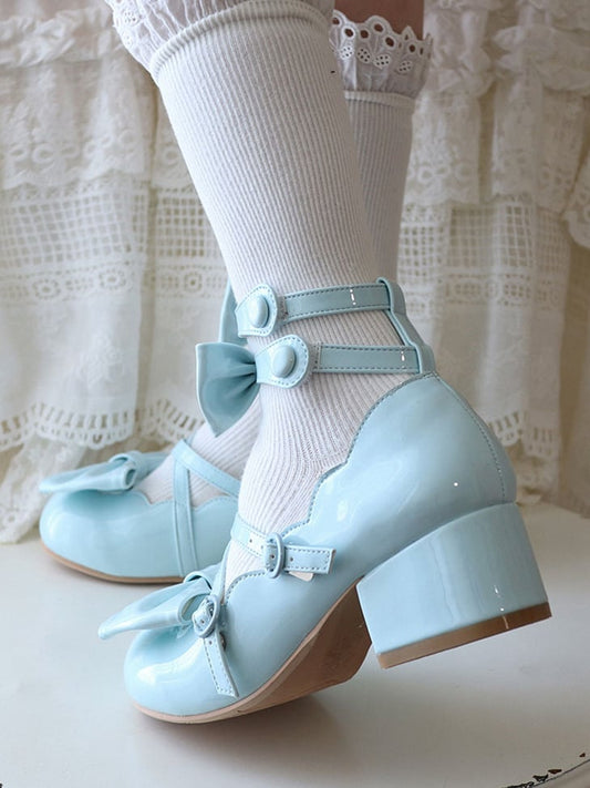 Crisscross Straps Blue Bow Accents Mary Janes Sweet Middle Heels