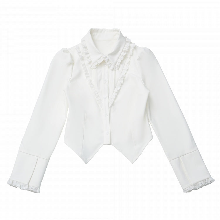 White Ruffled Waist-Tailored Shirt with Lace Trim - Preppy Chic