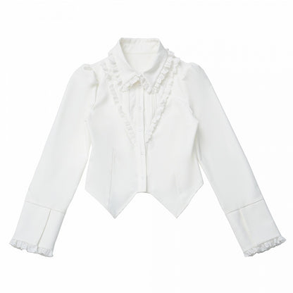 White Ruffled Waist-Tailored Shirt with Lace Trim - Preppy Chic