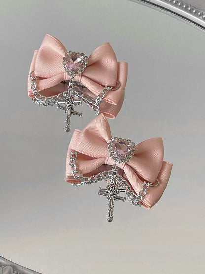 Black/Champagne/Pink Cross Charm Rhinestone Heart Decorated Bowknot Hairclips