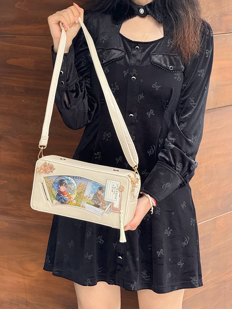 Beige Embroidered Bamboo Leaf Cheongsam Style Ita Shoulder Bag with Fringe Charm