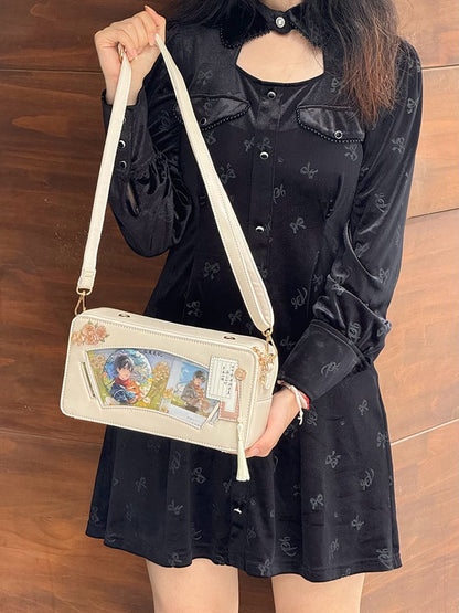 Beige Embroidered Bamboo Leaf Cheongsam Style Ita Shoulder Bag with Fringe Charm