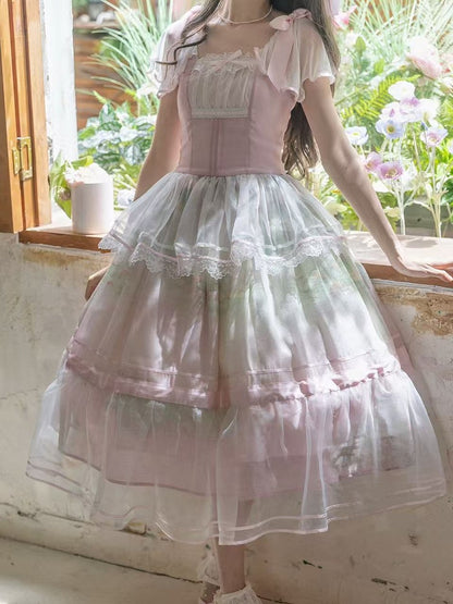 Oil Painting Water Lily Print Light Pink Square Neckline and Flutter Sleeves One Piece