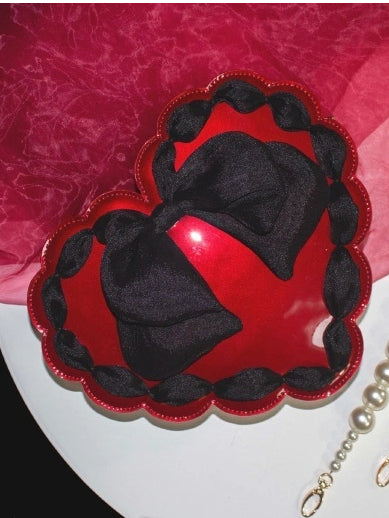 Red Heart-Shaped Lolita Bag with Black Bow & Pearl Handle