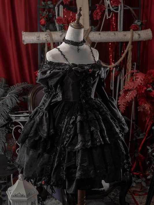 Black Layered Bell Sleeves Kuro Gothic Lolita Dress Bowknot Details and Drawstring Skirt