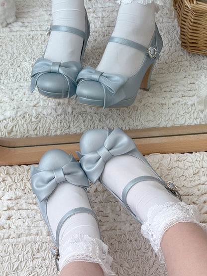 PU Blue Elegant Lolita Heels - Crystal Heart Buckle with Bow Accents