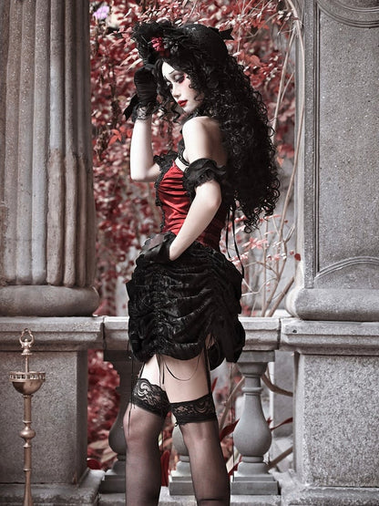 Black and Dark Red Gothic Vampire Lace Up Bodice Drawstring Skirt Dress
