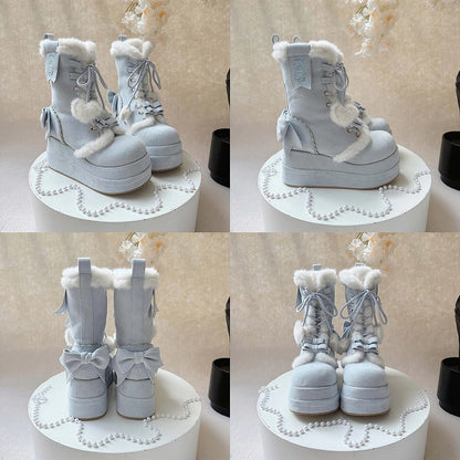 Sweet Blue Snow Boots For Lolita - Plush Interior with Star & Heart Lace Charms & Delicate Bows
