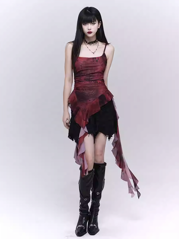 Red Asymmetrical Flounce Hem Glamorous Cami Top