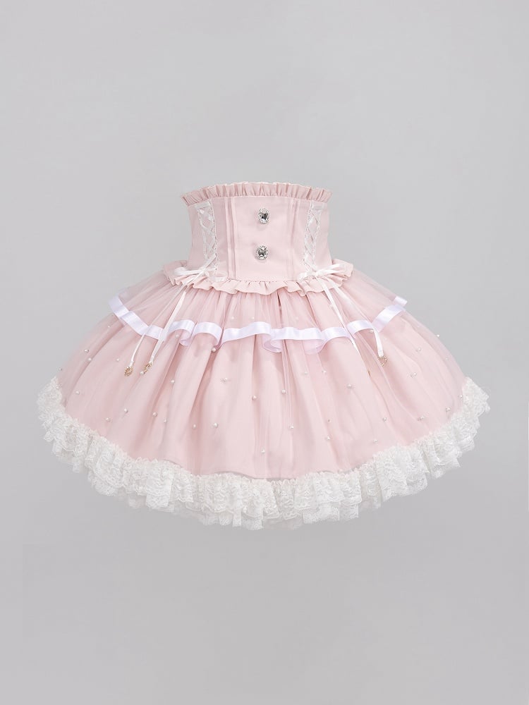 Allover Beads Pink High Waist Jirai Kei Skirt with Lace Up and Shirring Waist