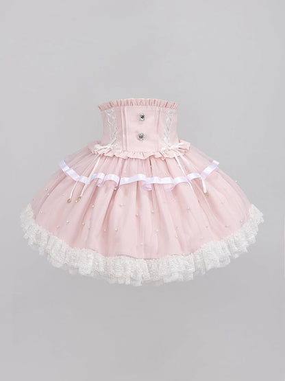 Allover Beads Pink High Waist Jirai Kei Skirt with Lace Up and Shirring Waist