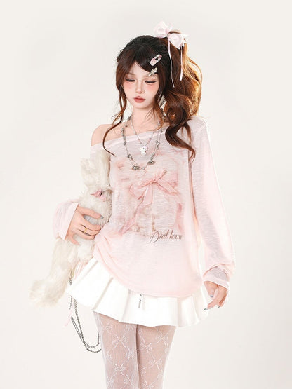 Adorable Kitten Print Asymmetrical Neckline Pink Semi-sheer Coverup