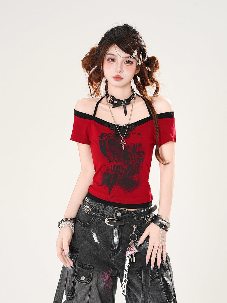 Off-the-shoulder Neckline Butterfly Applique Red/White/Gray Halter Neck T-shirt