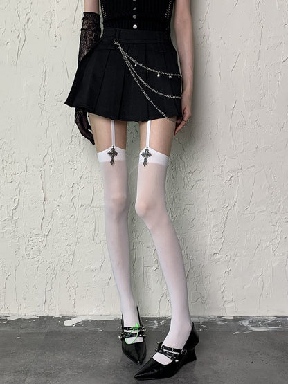White/Black Y2K Suspender Tights with Cross Charms
