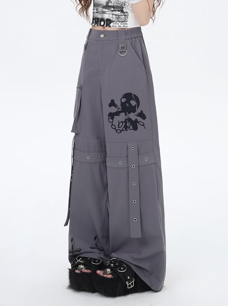 Black/Grey/Pink Skeleton and Cross Print Cargo Pockets Wide-Leg Pants