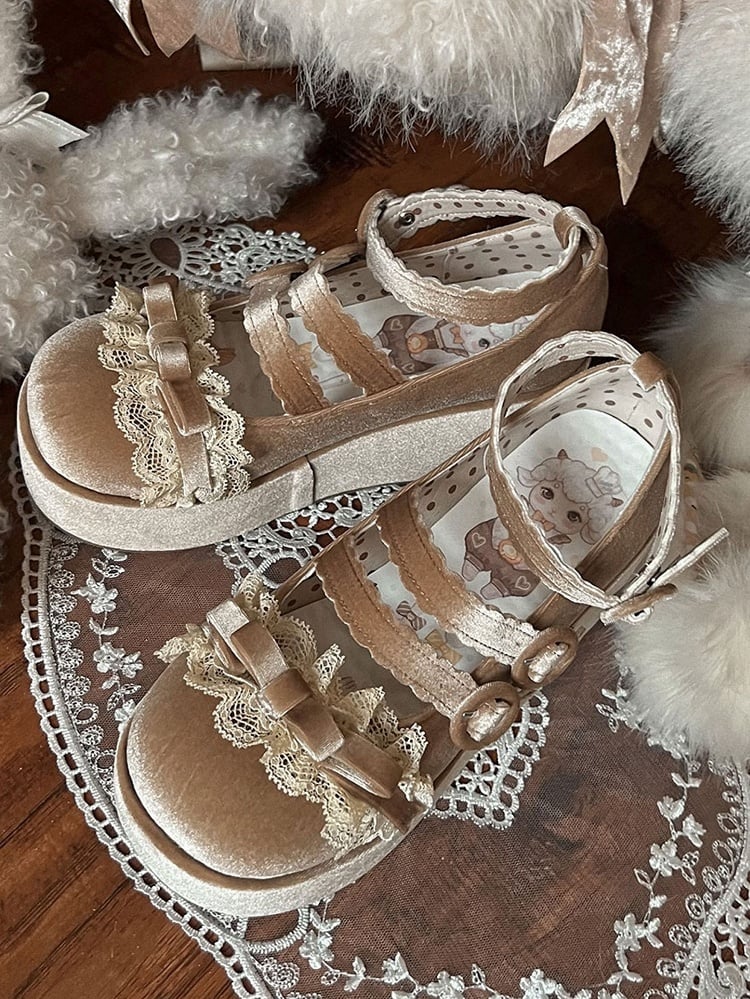 Lace Trim Bowknot at Top Velvet Light Brown Buckle Straps Platforms
